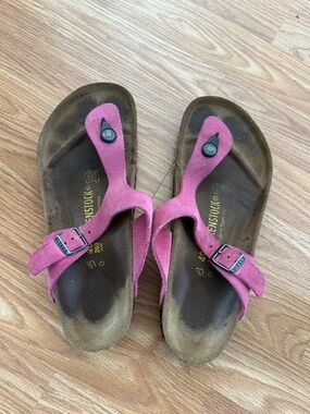 Birkenstock Pink Suede Toe-Post Sandals with Buckle